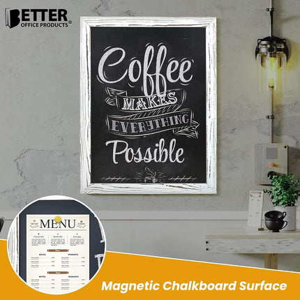 Better Office Products Magnetic Wall Chalkboard, Large Size 18 x 24, Rustic Wood Frame, Chalkboard Sign, Vertical or Horizontal Wall Mount, Includes Chalk and Eraser, by (Whitewash)