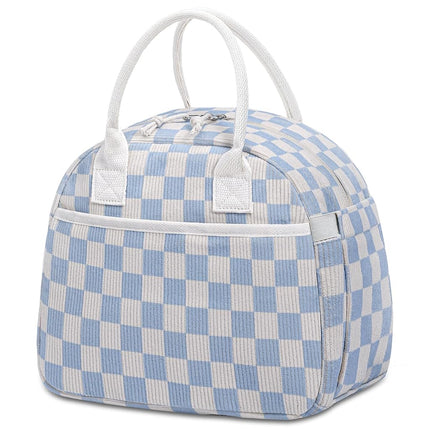 Carry Bloom Lunch Box for Women, Insulated Lunch Bag Cute Corduroy Lunchbag Reusable Lunchbox for Work (Checkered Blue White)