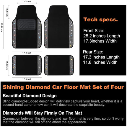 VarCozy Shining Rhinestones Floor Mats for Cars, Sparkly Glitter Crystal Car Floor Mats with Anti-Slip Heel Pad for Women, 4pcs Bling Diamond Universal Automotive Floor Mats for SUV,Sedan,Car, Black