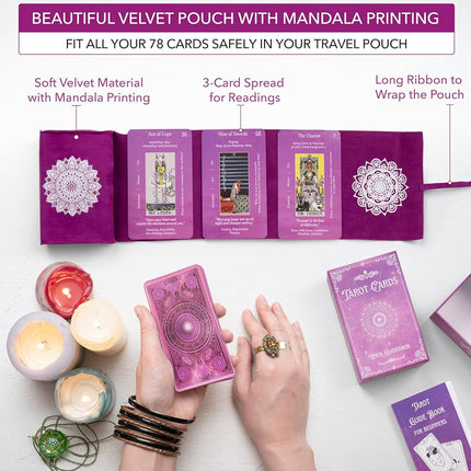 Tarot Cards with Guidebook & Pouch | 78 Oracle Divination Cards with Meanings | Gift Set for Beginners & Experienced Practitioners | Purple & Pink Designs | Tarot Card Gifts for Women