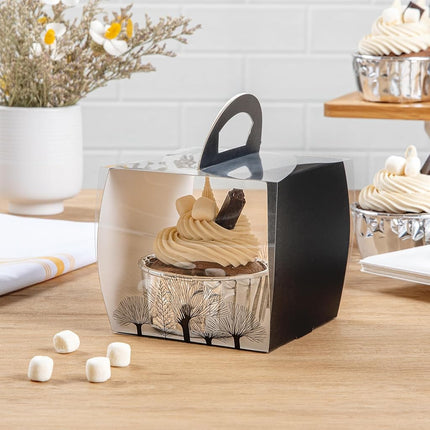 Restaurantware-4 Inch x 4.25 Inch Individual Cupcake Boxes, 100 Disposable Cupcake Display Boxes - with Handle, Tree Accent, Clear Plastic Single Cupcake Containers, for Weddings Or Birthdays