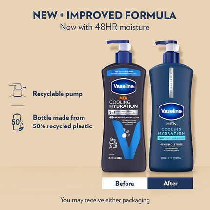 Vaseline Men Cooling Hydration 3-in-1 4 Pack for Dry Skin Face, Hands & Body Lotion for Men with Menthol & Ultra-Hydrating Lipids 20.3 oz