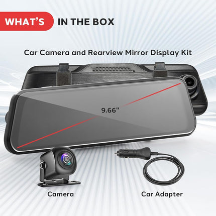 Pyle Dual Dash Cam Rearview Mirror, 1080p Full HD Front and Rear Car Camera with Night Vision, G-Sensor, Loop Recording, 9.66” Touchscreen, Backup Cam, Motion Detection, Wide-Angle Lens, 12" x 2" x 3"