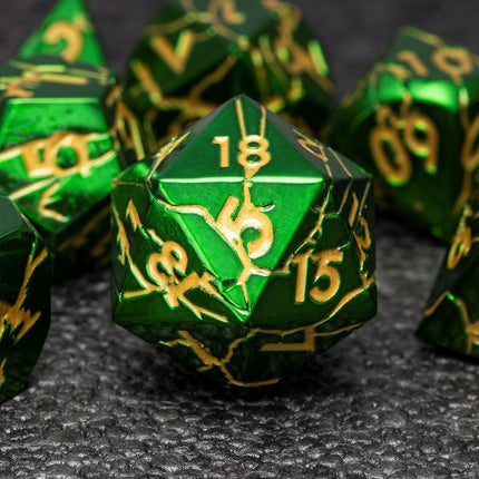 Metal Dice for DND - Ancient Cracked Lightning - Green Gold Cracks