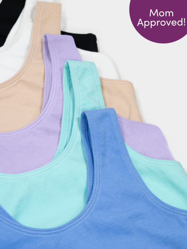 Fruit of the Loom – Soutien-gorge de sport fillette en coton extensible, lot de 6, bleu Aruba/jacinthe/bleuet/chair clair/blanc/noir, taille 30