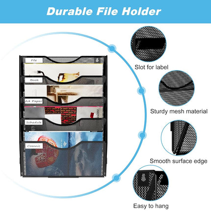 Solinxe Wall Hanging File Holder 5 Pocket Wall Mounted Paper Organizer Magazine File Holder Storage Rack,Black