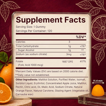 Vitamatic Sugar Free Folic Acid 1 mg Gummies 120 Count Orange Flavor