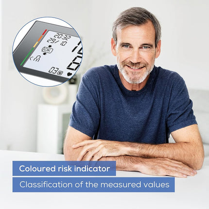 Beurer BM27 Automatic Blood Pressure Monitor, Clinically Validated, Blood Pressure Machine with Arrhythmia Detection & Colour-Coded Risk Indicator according to WHO standards, XL Upper-Arm Cuff