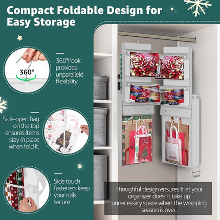 Hanging Wrapping Paper Organizer Storage, Over Door Gift Wrap Roll Holder
