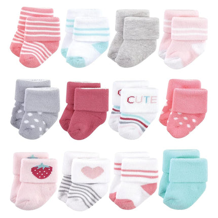 Hudson Baby Calcetines de Felpa y Algodón Rico para Recién Nacidas, Fresa, Paquete de 12, 6-12 Meses