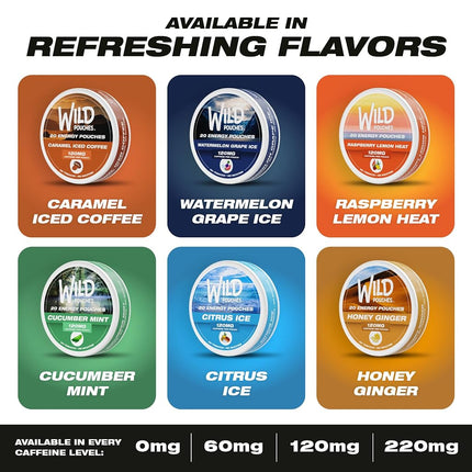 Wild 20 x 120mg Caffeine Pouches Nicotine Free Iced Watermelon/Grape - 1 x Can of Energy Pouches - Caffeine Pouch