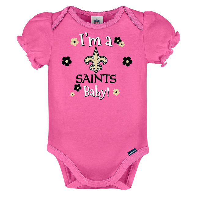 NFL GERBER New Orlean Saints 3 Pack Short Sleeve Bodysuit, Black/White/Pink New Orlean Saints, 6-12 Months