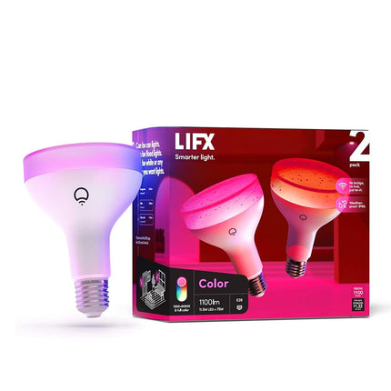 LIFX Color, 1100 lumens BR30 E26, 2.4GHz Wi-Fi Smart LED Light Bulb, Billions of Colors and Whites, No Bridge Required, Works with Alexa, Hey Google, HomeKit and Siri, Multicolor (Pack of 2)