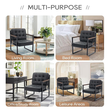 Sillón decorativo moderno de mediados de siglo COLAMY, juego de 2, cómodo sillón para sala de estar, sillón decorativo de cuero negro, sillón con reposabrazos de cuero sintético con patas de metal para sala de estar, dormitorio, recepción, oficina, negro