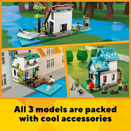 Creator 3 in 1 Cosy House Building Kit, Rebuild into 3 Different Houses, Includes Family Minifigures and Accessories, DIY Building Toy Ideas for Outdoor Play for Kids, Boys and Girls, 31139