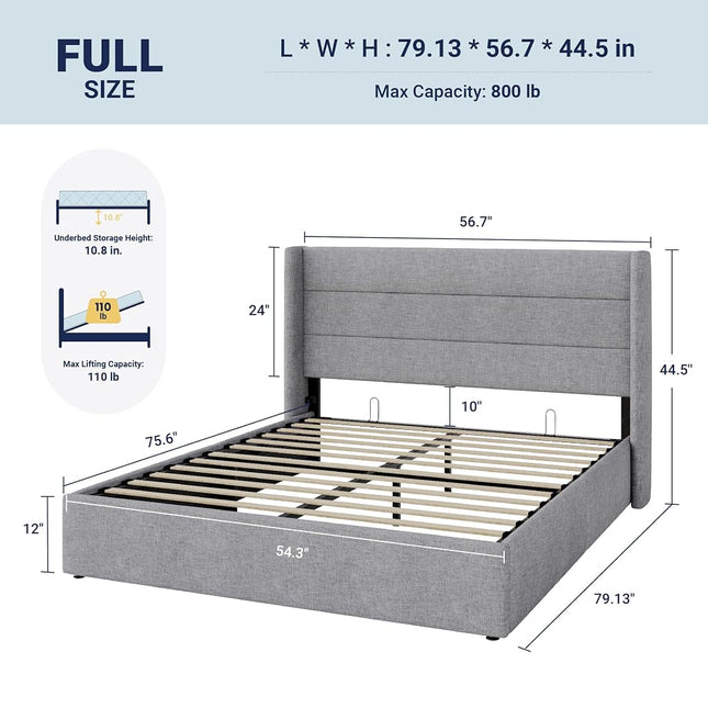 Allewie Full Size Lift Up Hydraulic Storage Bed Frame Light Grey