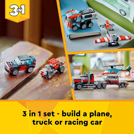 LEGO Creator 3in1 Flatbed Truck with Helicopter Toy to Propeller Plane and Fuel Lorry to Hot Rod and SUV Car Toys for 7 Plus Year Old Boys, Girls and Kids who Love Cool Vehicles, Gift Idea 31146