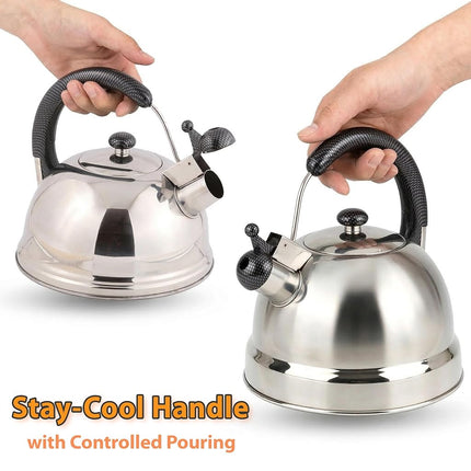Creative Home Cobra 2.7 Quart Stainless Steel Whistling Kettle Stovetop Tea Pot Resist Handle and Aluminum Capsulated Bottom for Even Heat Distribution, Mirror Finished