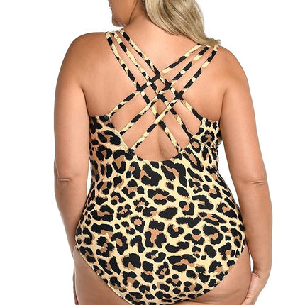La Blanca Women's Multi Strap Cross Back One Piece Swimsuit, Tan//Running Wild, 4