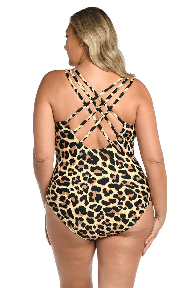 La Blanca Women's Multi Strap Cross Back One Piece Swimsuit, Tan//Running Wild, 4