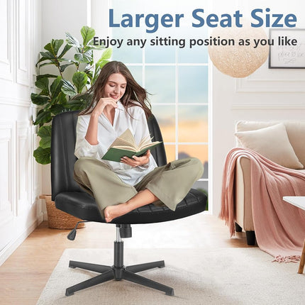 DUMOS Desk Chair No Wheels, Criss Cross Chair Wide Cross Legged Office Desk Vanity Chair, PU Leather Armless Adjustable Swivel Chairs for Home Computer Task Black