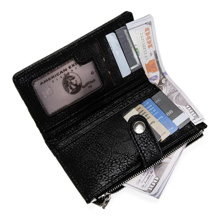 Wrangler Small Trifold Wallets for Women Leather Slim Bifold Ladies Mini Purse Credit Card Holder Money Organizer, Black Cow Print, 6" X 4" X 1.2", Chic