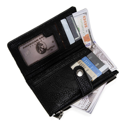 Carteras pequeñas trípticas Wrangler para mujer, de cuero, delgadas, de dos pliegues, mini cartera para dama, tarjetero, organizador de dinero, estampado de vaca negro, 15,24 cm x 10,16 cm x 3,05 cm, elegante