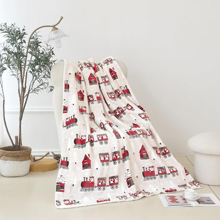 Elegant Comfort Reversible and Ultra-Plush Flannel Fleece-Winter Christmas Sherpa Throw- Lightweight Soft and Cozy-Holiday Decorative Throw, Perfect for Lounging, 50 x 60 inches, Santa Train