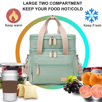 Weitars Insulated Lunch Box for Women Men-Dual Compartment Waterproof Reusable Large Lunch Bag for Women Wide-Open Tote Cooler Bag for Working Picnic Hiking (15L) (Green)
