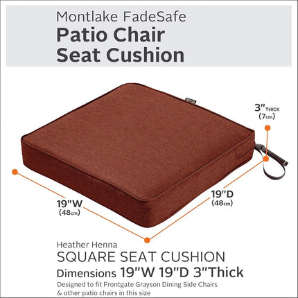 Classic Accessories Montlake FadeSafe Square Patio Dining Seat Cushion - 3" Thick - Heavy Duty Outdoor Patio Cushion with Water Resistant Backing, Heather Henna Red, 19"W x 19D x 3T (62-008-HHENNA-EC)