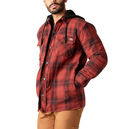 Dickies Men's Water Repellent Flannel Hooded Shirt Jacket, Brick Black Ombre Plaid, Large Big Tall