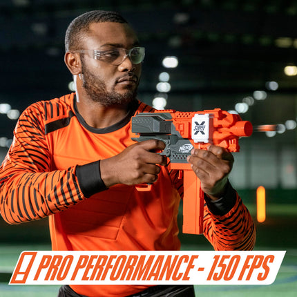 Lanzador semiautomático NERF Pro Stryfe X de dardos, batería recargable LiPo, 30 dardos AccuStrike de media longitud, cargador de 15 dardos, 150 FPS, gafas, 14+ (exclusivo de Amazon)
