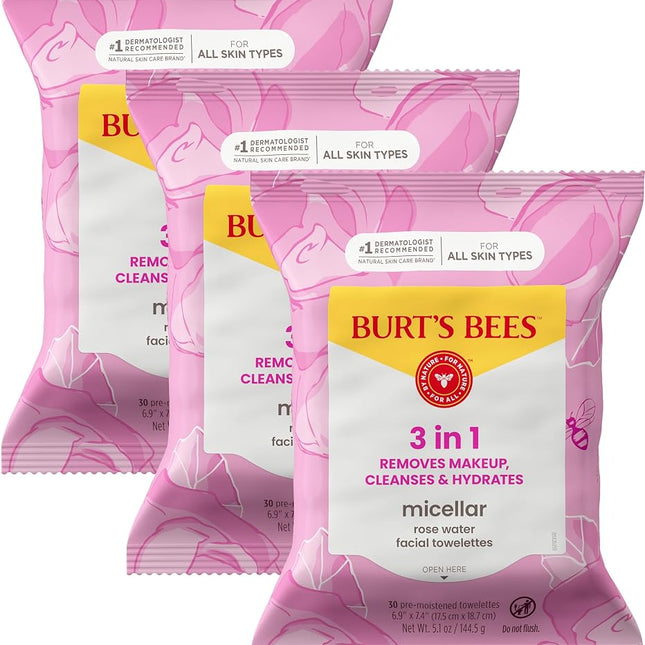 Burts Bees Mothers Day Face Wipes Gifts for Mom, Makeup Remover Facial Cleansing Towelettes for All Skin Types, 3 in 1 Hydrating Micellar Cleanser with Rose Water, 30 Count (Pack Of 3)