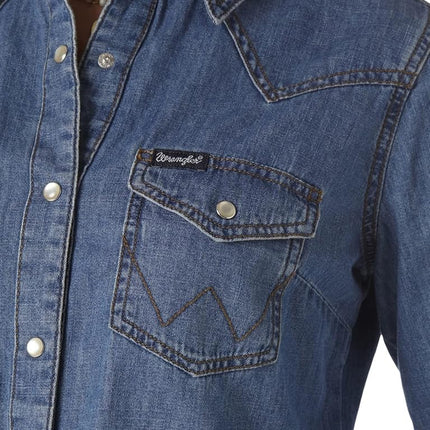 Camisa vaquera de manga larga con broches estilo retro Wrangler para mujer, mezclilla mediana, S