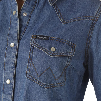 Camisa Vaquera de Manga Larga con Broches Wrangler para Mujer, Mezclilla Media, Talla XXG
