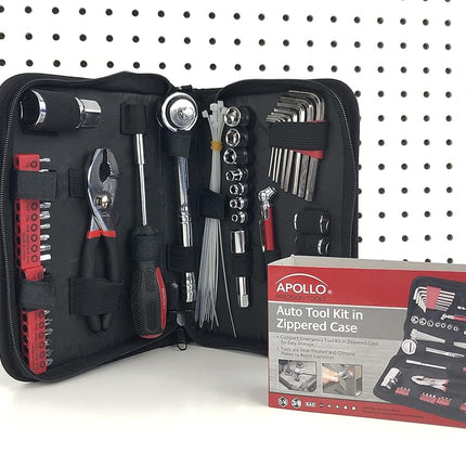 Apollo Tools Jeu d'outils de voiture compact SAE 56 pièces dans une trousse zippée, petit jeu d'outils de mécanicien pour les urgences automobiles, la réparation de motos sur la route, idéal pour les besoins d'outils de voyage - Rouge - DT9774