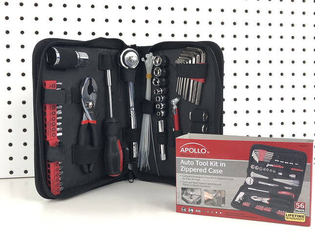 Apollo Tools 56 Piece Compact SAE Auto Tool Set in Zippered Case, Small Mechanic Tool Set for Car Emergency, Motorcycle Repair on The Road, Great for Travel Tool Needs - Red - DT9774