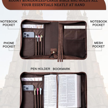 Vegan Leather Bible Cover for Men & Women, Bible Case with Gift Box, Christian Catholic Religious Bible Gifts（Brown