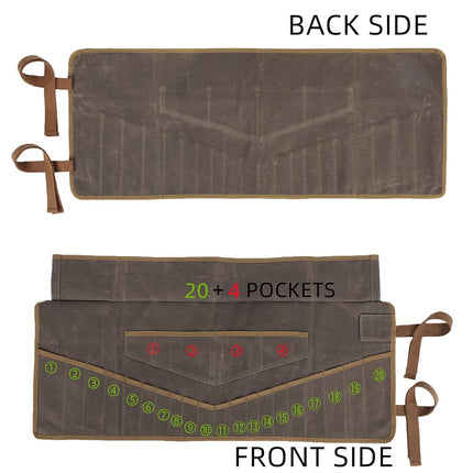 Tool Bag, Heavy Duty Waxed Canvas Wrench Tool Roll Up Pouch, Multi-Purpose Small Hand Tools Organizer Holder with 24 Pockets (Black)