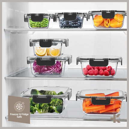 Récipients de conservation alimentaire en verre borosilicate noir avec couvercles 16 pièces, de qualité alimentaire, sans BPA, empilables, pour le déjeuner et les restes, compatibles micro-ondes, congélateur et lave-vaisselle, hermétiques et anti-fuite
