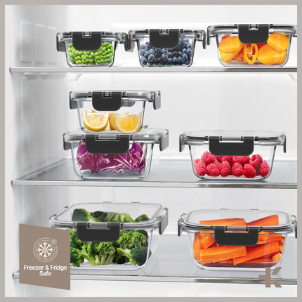 Black Borosilicate Glass Food Storage Containers with Lids 16 Pieces, Food-grade, BPA-Free Stackable Glass Lunch & Leftover Containers, Microwave, Freezer & Dishwasher Safe, Airtight Leak-Proof