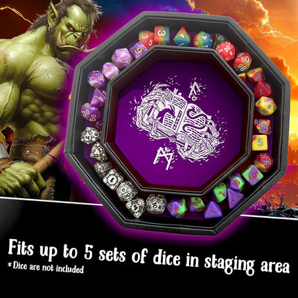 Fantasydice- purple -Fire Dragon-Dice Tray - 8" Octagon with Lid and Dice Staging Area - for Dice, Board Games, Tabletop RPGs Like D&D (DND) 3.5 and 5e, Call of Cthulhu, Pathfinder, Shadowrun and more