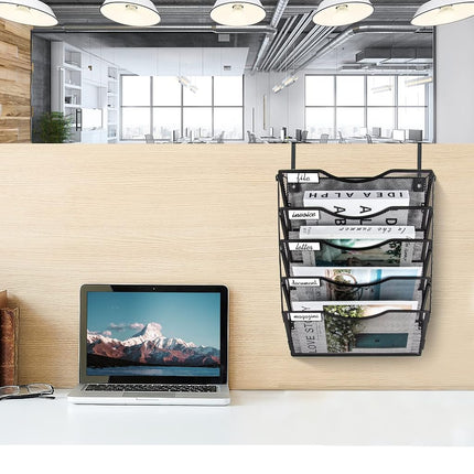 BOHDK Wall File Organizer 5 Pockets, Mail Organizer, Hanging Folder Holder, Foldable | Hanging or Wall Mounted | Label Panel | 2 Hooks | Office Home School Organizer, Black