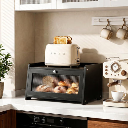 Black Bread Box for Kitchen Countertop with Clear Acrylic View Window