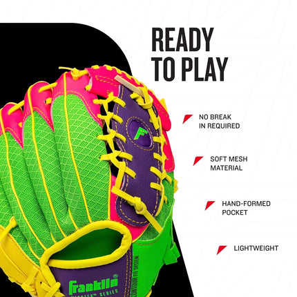 Franklin Sports Teeball Recreational Series Fielding Left Hand Glove with Baseball, 9.5-Inch, Purple/Lime/Pink/Yellow