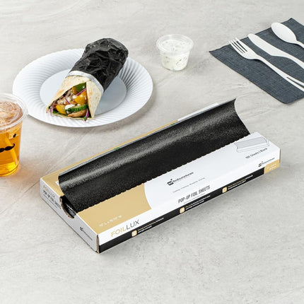 Foil Lux 12 x 10.8 Inch Pop-Up Foil Sheets, 100 Disposable Foil Papers for Food - Orange Peel Embossing, Interfolded, Black Aluminum Foil Sheets, Greaseproof, Freezable, Oven Ready - Restaurantware