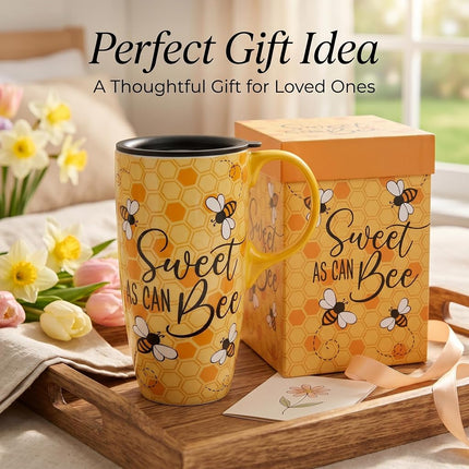 Topadorn Bumble Bee Ceramic Travel Mug with Lid, 17oz Coffee Mug with Handle, Microwave & Dishwasher Safe, Gift Box Included, Nature Lover Gift