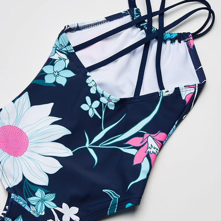 Traje de baño de una pieza con cuello halter de playa deportivo Jasmine para niñas de Kanu Surf, Paige Floral Navy, 2T