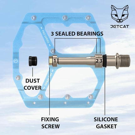 JETCAT Mountain Bike Pedals Flat - MTB Pedals Flat, Bicycle Pedals, Road Bike Pedals, BMX Pedals, for BMX MTN Road Gravel EBike, Specialized, Adults, Aluminum Metal Stamp 9/16" Light Blue