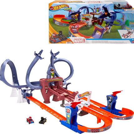 Hot Wheels RacerVerse Spider-Man’s Web-Slinging Speedway Track Set with Hot Wheels Racers Spider-Man & Black Panther, Multi-Lap Race to Escape Doc Ock, HTM08